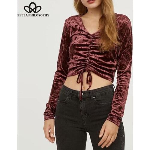 Bella Philosophy Spring Long Sleeve Velvet Blouse Drawstring Female V-Neck Blouse Casual Lady Sexy Skinny Blouse Short Top