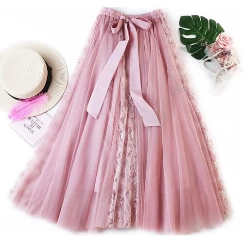 2020 New Arrival Fairy Princess Skirt With Bow Tie Lace Stitching Long Skirts Temperament Fluffy Ladies Skirts Free Shipping