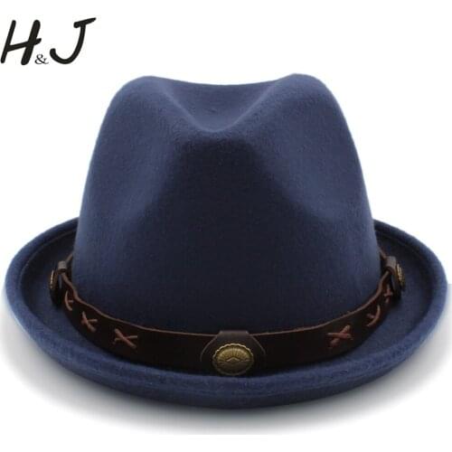 British Wool Jazz Cap Hat for Vintage Autuman Winter Ladies Fedora Hats with Metal Belt Female Wide Brim Hats