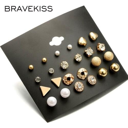 BRAVEKISS Alloy 12 Pairs Earrings CZ Heart Geometry Stud Earrings Fashion Jewelry for Women Gift mujer Accessories BPE1344