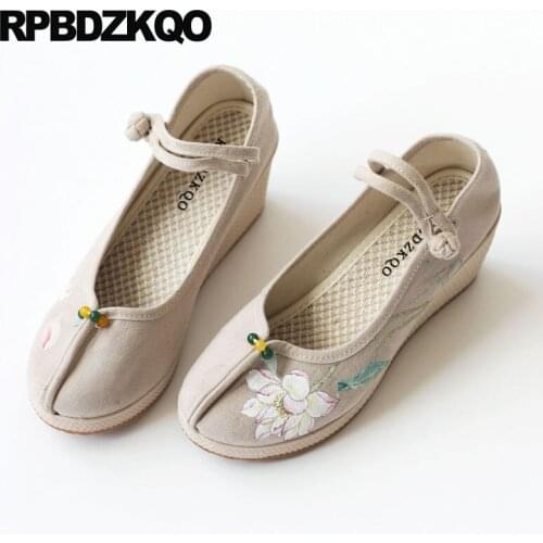 Wedge elevator traditional chinese shoes designer round toe beaded thick sole breathable women floral flower ankle strap retro