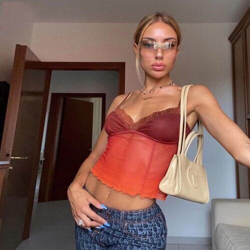 Women Sexy Vintage Lace Y2k See-Through Crop Tops V Neck Sleeveless Aesthetic Slim Fit Mesh Camisole Evening Party Club Wear