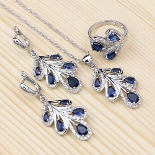 Silver 925 Jewelry Sets For Women Plant shape Blue And White Cubic Zirconia Pendant Necklace Ring Earring Wedding Gifts