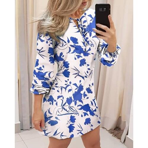 Butterfly Print Tie Front Long Sleeve Dress Women Autumn Casual Mini Dress