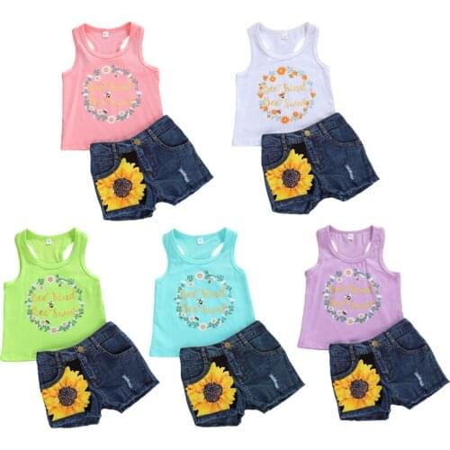 2020 Summer Infant Baby Girls Clothes Sets Sunflowers Letter Print Sleeveless Vest Tops Denim Shorts 2pcs