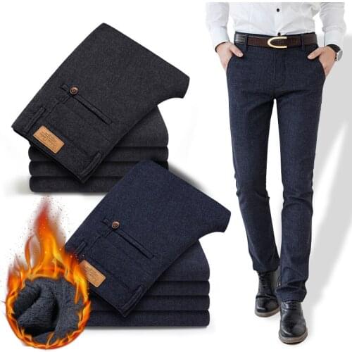 2019 Winter New Mens Warm Casual Pants Classic Style Business Fashion Thicken Slim Fit Fleece Trousers Black Blue Brand Clothes