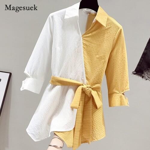 2021 Summer Spring Women Long Chiffon Shirts Striped Polo Neck Yellow Blue Top for Women Casual Office Lady Shirt Blusa 15141