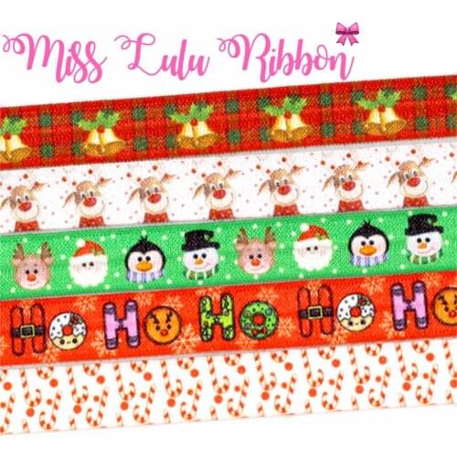 5/8"16mm Christmas Cartoon Series "HO" Snowflake Bell Printed Elastic Ribbon Hair Band Making 50yards/roll Green and Red Check