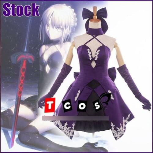 Anime Fate Saber Dark Purple Gothic Dress Full Set+Stockings Cosplay Costume S-XL New 2017