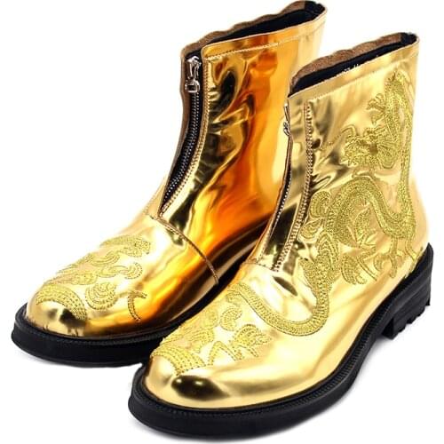 Winter Genuine Leather Gold Ankle Boots for men dragon short Men Boots Round toe High-End casual Mens boots