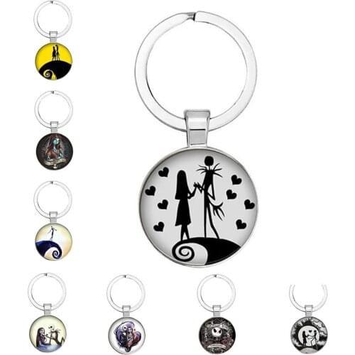 Christmas Night Jack and Sally Keychain Glass Cabochon Image Dome Keychain Holder Alloy Metal Jewelry Gift