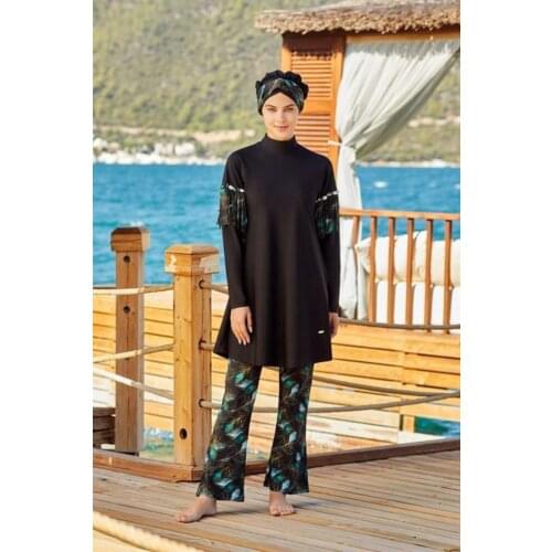 Black Lycra Design Hijab Swimwear 4255 Turkish' Muslim Swimsuit Burkinis Modest Clothing Islamic Long Sleeves Hijab Full Cover