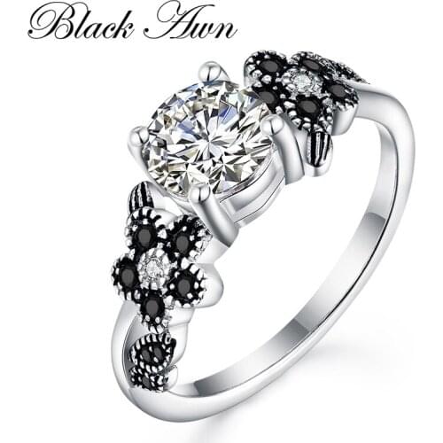 BLACK AWN 925 Sterling Silver Fine Jewelry Trendy Flower Black Spinel Engagement Rings for Women Wedding Ring C281