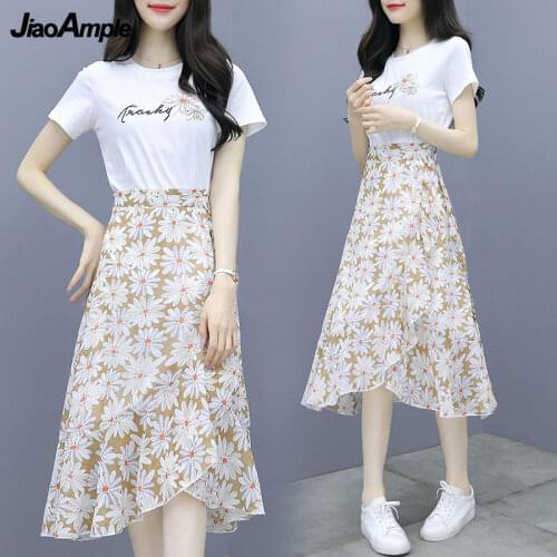 Summer Dress Suit 2021 New High Waist Vintage Embroidery Short-Sleeved T-Shirt Midi Skirt Two-piece French Sweet Floral Dresses