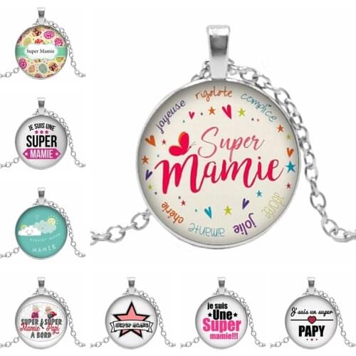 Hot! New Hot Super Mamie Round Pattern Glass Pendant Cabochon Gem Super Papy Dome Charm Cameo Necklace