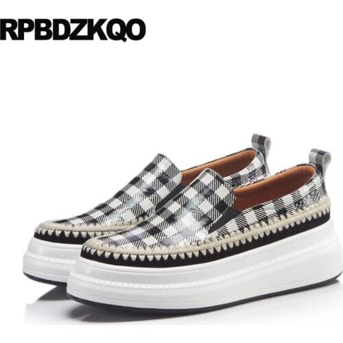 Loafers Platform Black And White Wide Fit Shoes Ladies Creepers Printed Patent Leather Plaid Women Japanese Muffin Gingham Wedge