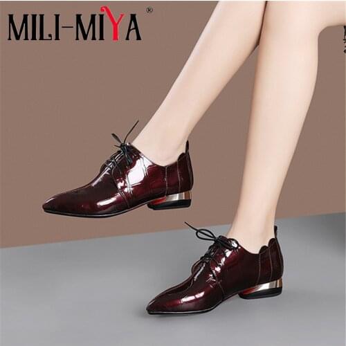 MILI-MIYA Luxury Classic Shining Patent Leather Flats Pointed Toe Metallic Low Heels Ruffles Commuter Business Shoes