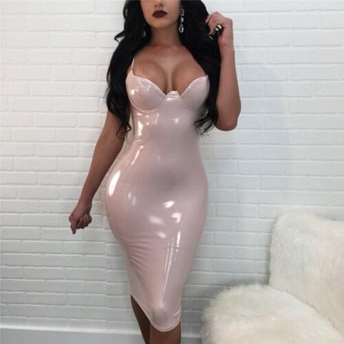Fashion Pink Wet Look PU Leather Package Hip Dress Sexy Women Spaghetti Strap Zipper Sleeveless Party Nightclub Bodycon Dresses