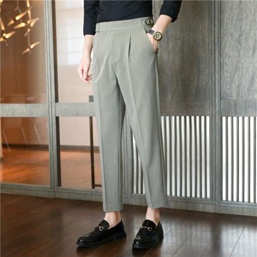 Belt Decoration Casual Pants Men Fashion Business Dress Pants Solid Color Office Social Trousers Slim Fit Wedding Men Clothing