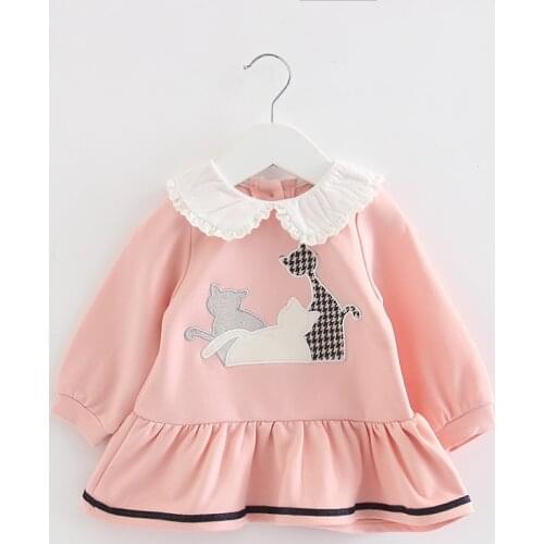 Baby Girls Clothes Preppy Style Newborn Infant Toddler Kids Baby Girls Peter Pan Collar Cartoon Cat Print Princess Dress 0-2T