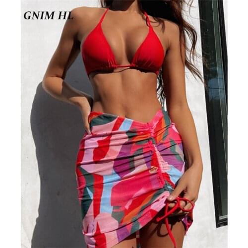 GNIM Sexy Triangle Swimwear Women Bikini Set 2021 Three-Pieces Beachwear Cover Up Brazilian Swimsuit Female Drawstring Biquini
