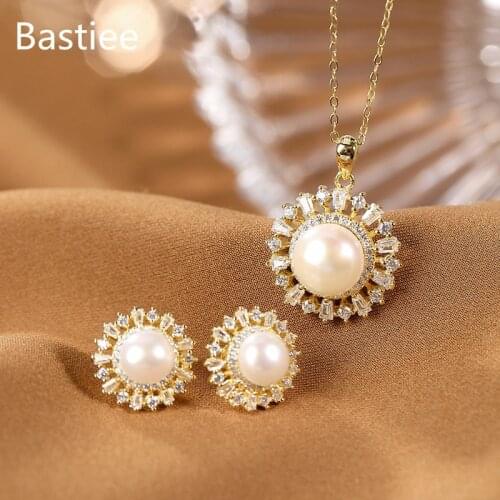 Bastiee Pink Pearl Zircon 925 Sterling Silver Jewelry Sets For Women Neclace Pendants Golden Plated Stud Earrings Luxury Gifts