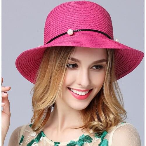 Women Sun Hat Spring and Summer New Straw Hats Fashion Beach Travel Casual Sun Shade Cap Lady Korean Pearl Flowers Caps H035
