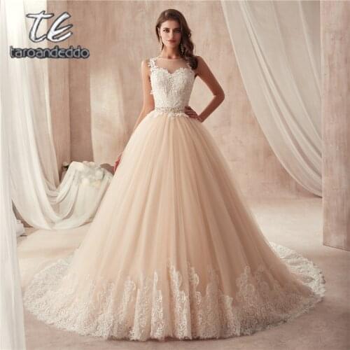 Scoop Neckline Sleeveless Champagne Wedding Dress with Color Beading Belt France Lace Illusion Back Bridal Gown