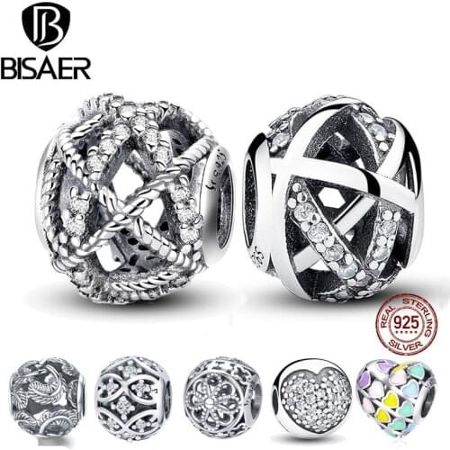 BISAER berloque 925 Sterling Silver Heart Charms Flower Mixed glass Beads Fit Charm Bracelet & Bangle Silver 925 Jewelry Making
