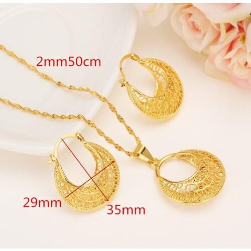 Ethiopian 24 k Yellow Solid Fine Gold Filled set Jewelry Pendant Chain Earrings African Bride Wedding Flower Bijoux