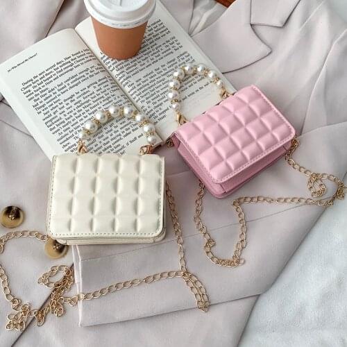 Vintage Grid PU Leather Small Shoulder Messenger Bag For Women Casual Pure Color Ladies Pearl Chain Mini Flap Crossbody Handbags