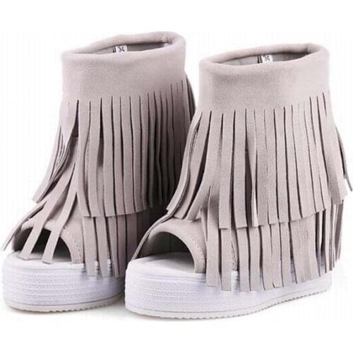 Womens fashion open toe boots top quality cow suede fringe ankle boots casual height increasing tassel peep toe shoes booties