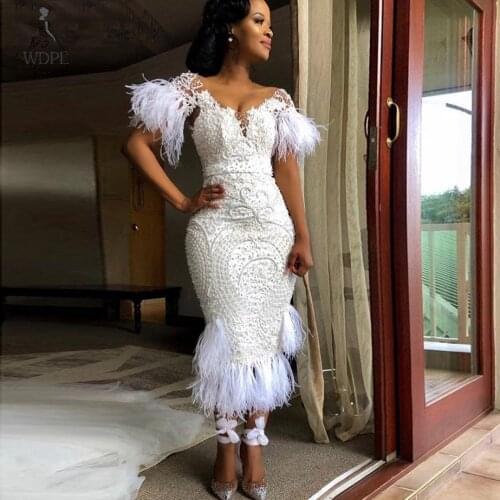 Sheath Pencil Dress Feathers Tea Length Women Evening Dresses White Short Sleeves Feather Prom Gowns Beading vestidos de fiesta