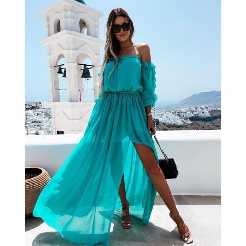 2021 Bohemian Long Dress Women Off Shoulder Chiffon Dress Lace-up Solid Color Ruffle Beachwear Blue/Orange