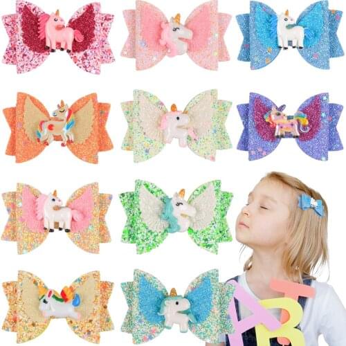 1 PC Glitter Star Colors New Fashion Rainbow Bows for Toddler Girls 3 Inch Unicorn Cartoon Cute Barrettes Clips for Kids