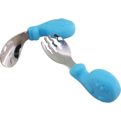 2Pcs/Set Baby Dinnerware Cartoon Handle Anti-scald Stainless Steel Infant Silicone Licking Food Feeding Spoon Fork Home Use