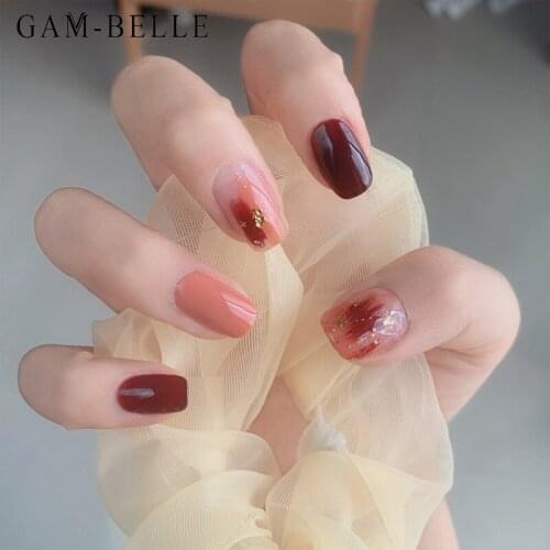 GAM-BELLE 24Pcs Wine Red Graffiti Fake Nails Korean Style Gold Foil Designs Full Cover Detachable Beauty Artificial False Nails