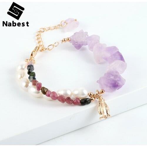 Women Natural Stone Amethysts Freshwater Pearls Bracelet Layers Tourmaline Beaded Purple Crystal Flower Charm Bangle Jewelry
