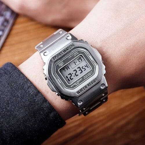 SANDA Retro Digital Watches For Men Luxury Brand Stainless Steel Square Watch Men Chronograph Fashion Sports Electronic Clock