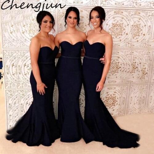 Chengjun Sexy Sleeveless Long Black Satin Sweetheart Mermaid Bridesmaids Dresses