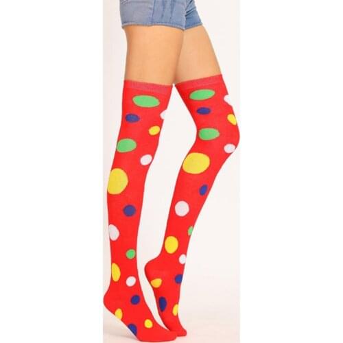 Women Girls Clown Cosplay Long Socks Fun Colorful Irregular Polka Dot Printed Over Knee Thigh High Stockings Fancy Party Costume