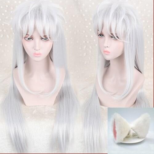 Inuyasha 100cm Long White Styled Sesshoumaru Cosplay Wig With Ears Heat Resistant Hair Cosplay Wig + Free Wig Cap