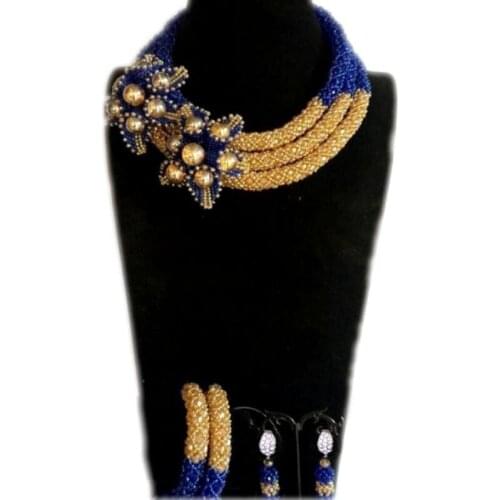 Dudo Dubai Jewelry Set Gold and Royal Blue African Beads Flowers Choker Necklace Set Ethnic Design Trendy Style