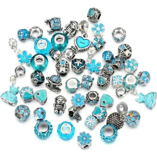 Fashion Mixed Lake Blue Color Alloy Metal Rhinestone Crystal Enamel Beads Charms Fit European Bracelet & Necklace Jewelry making
