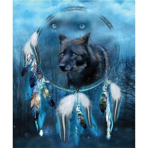 Wolf Dreamcatcher Animal Printed Water-Soluble Canvas 11CT Cross-Stitch Embroidery Full Kit DMC Threads Stamped