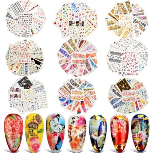 1 Set Mixed Design New Nail Art Sticker Set Black Lace Gold Silver Glitter Flower Water Decal Slider Wraps Decor Manicure