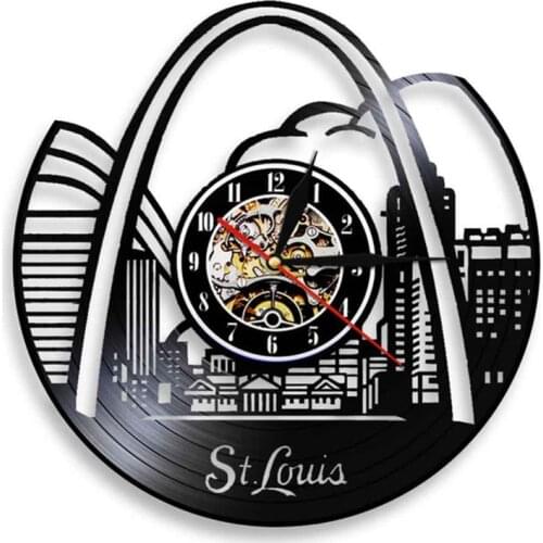 St. Louis Skyline Vinyl Record Clock Wall Decor Modern Vintage Art Room Saint Louis Cityscape Vinyl LP Vintage Black Wall Clock