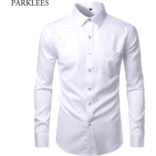 Mens White Bamboo Fiber Dress Shirts Slim Fit Wrinkle Free Casual Shirt Chemise Non Iron Easy Care Elastic Wedding Working Shirt