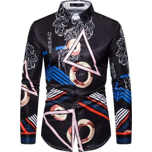 Trendy Men Shirts Fashion Blue God Blouse Party Club Hip Hop Tops Geometric Print Casual Long Sleeve Shirt