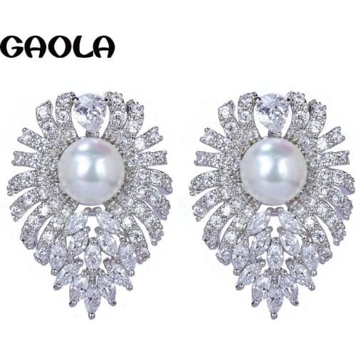 GAOLA 2016 Exquisite Silver Color leaves shape stud Earrings with AAA CZ Imitation pearl earrings GLE4743